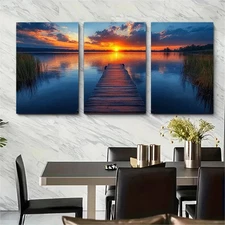 3pcs Serene Lakeside Jetty At Sunset Perfect Wall Art Canvas Framed 50x70cm