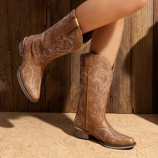 Women Riding Boots Western Boots Almond Toe Cowboy Cowgirl Mid Calf Boots