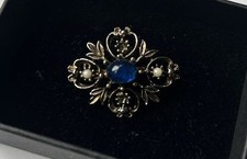 Vintage Pewter-tone pin leaves Flower blue rhinestone Faux Pearls Brooch