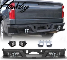 For 2019-2024 Chevy Silverado 1500 Rear Bumper Steel Black w/Pod Light+D-rings
