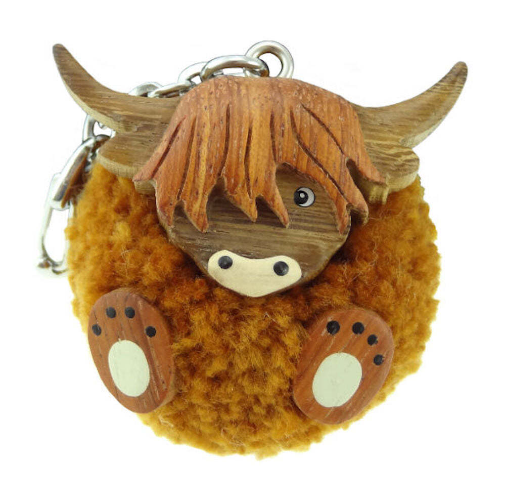 Orange Brown Pom Pom Highland Cow Coo Key Chain Ring Charm UK
