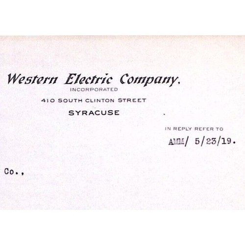 1919 SYRACUSE NEW YORK WESTERN ELECTRIC COMPANY LETTERHEAD LETTER Z159