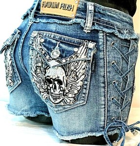 Platinum Plush Rhinestone & Stud Cross Denim Shorts | Women's Blue Jean Shorts | Style 4534