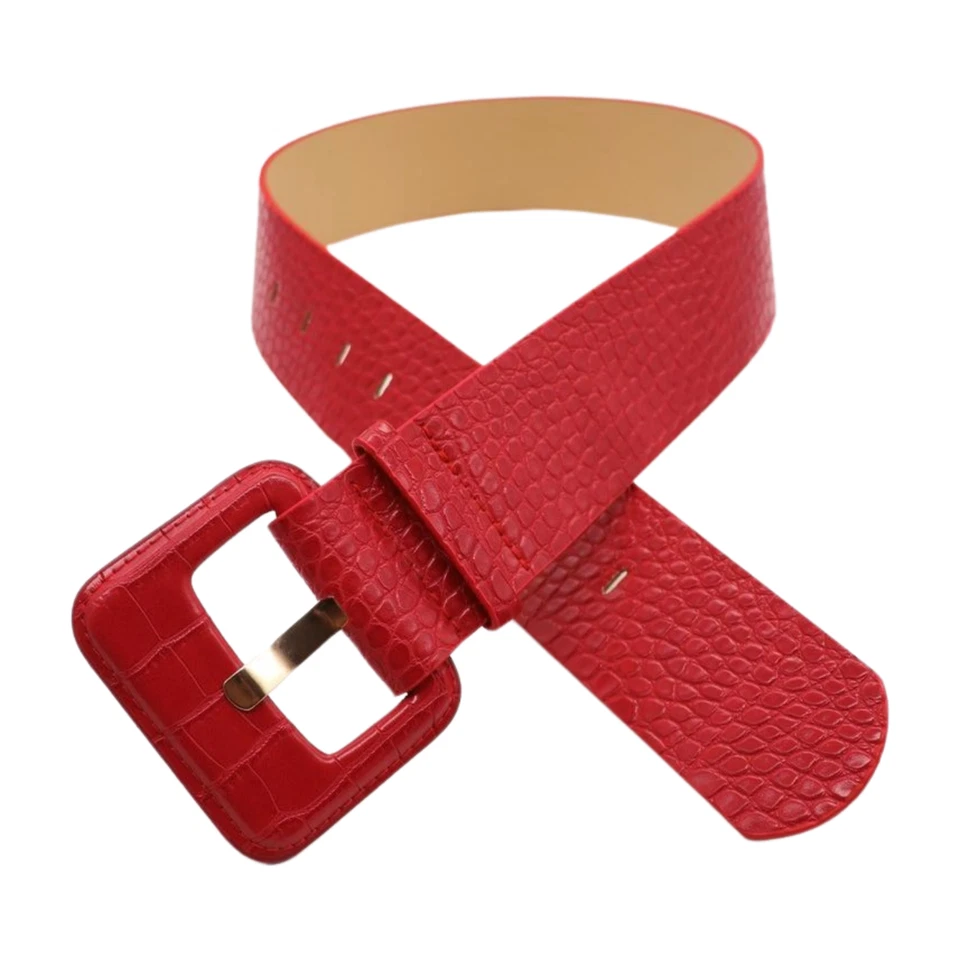 Cinturón de piel de animal de cuero sintético ancho rojo con hebilla cuadrada ajustable talla S M para mujer Foto 2 de 4