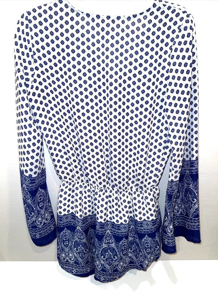 Mameluco para mujer Mimi Chica manga larga cuello en V estilo envolvente azul blanco estampado talla S Foto 4 de 4