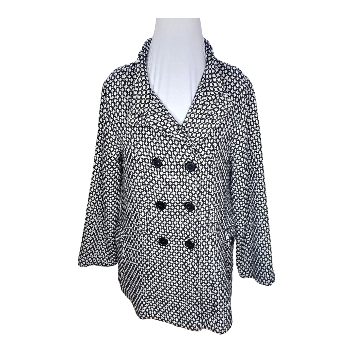 BCX Womens Plaid Coat Quarter Sleeve Jacket Pea Coat Black and White XLarge  READ