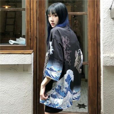 Women Japanese Wave Coat Kimono Cardigan Yukata Hokusai Kanagawa