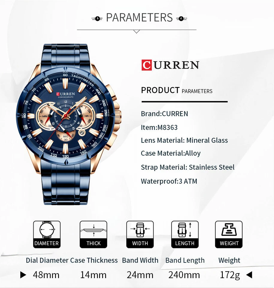 CURREN Men Watch Causal Sport Chronograph Steel Wristwatch Date Display Watches - Image 2 of 4