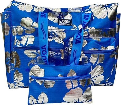 Borsa Mare Acqua Di Mare con Motivo Floreale, 39 × 51 × 23 cm, Blu e Argento - Foto 2 di 3
