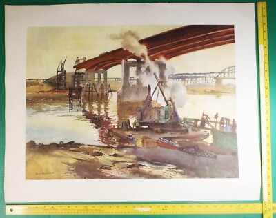 1965 JAMES GODWIN SCOTT St Louis ''RIVERFRONT'' Bridge Construction print 25x18