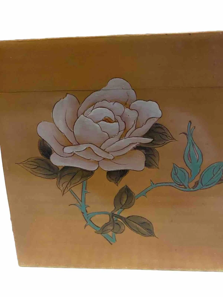 CAJA LACADA CHAPADA BAMBÚ TALLADA CHINA VINTAGE CADDY ROSA PINTADA A MANO De colección Foto 3 de 4