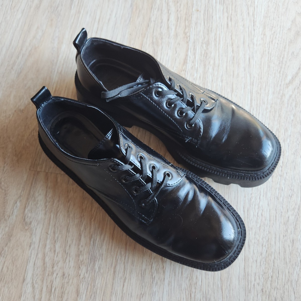 靴 bululu- Zara Chunky Lug Sole Derby Shoes Lace-Up Black Faux Patent