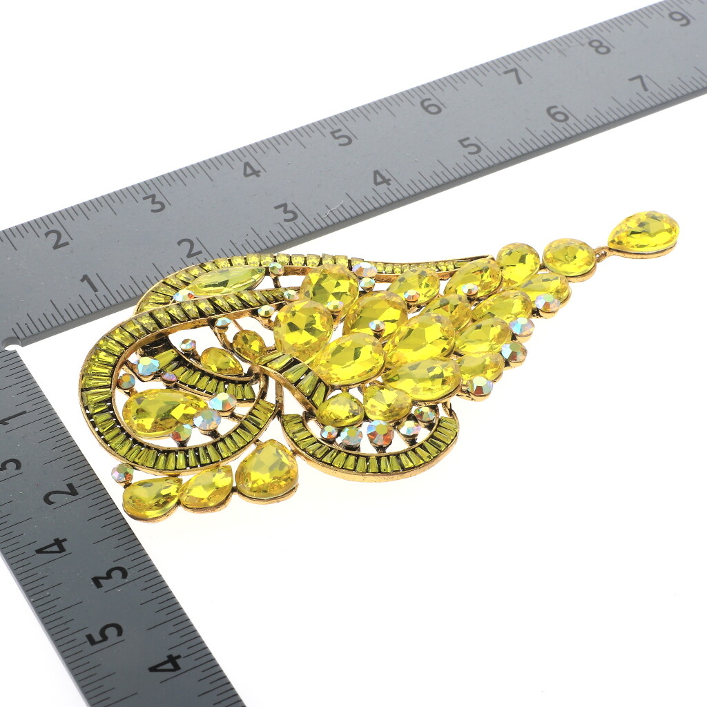 Antique Gold Tone Metal Extra Large Crystal Flower Brooch P1516