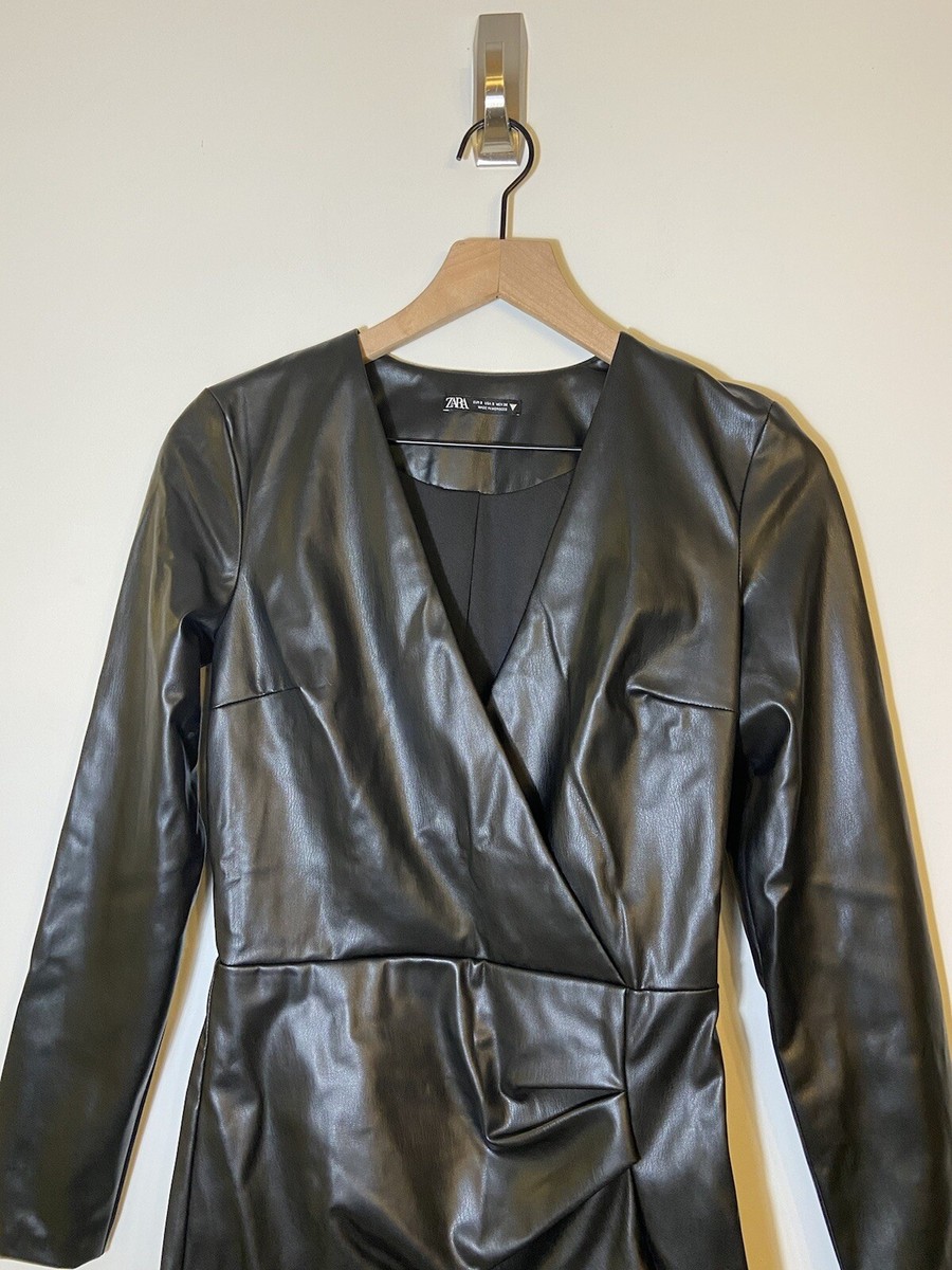 Zara Women's Faux Leather Draped Mini Dress Black Size S Long Sleeve Party  | eBay
