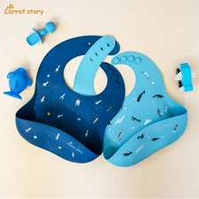 Carrot story Silicone Pocket Bibs Baby Toddler Waterproof 2Packs Rockets Whales