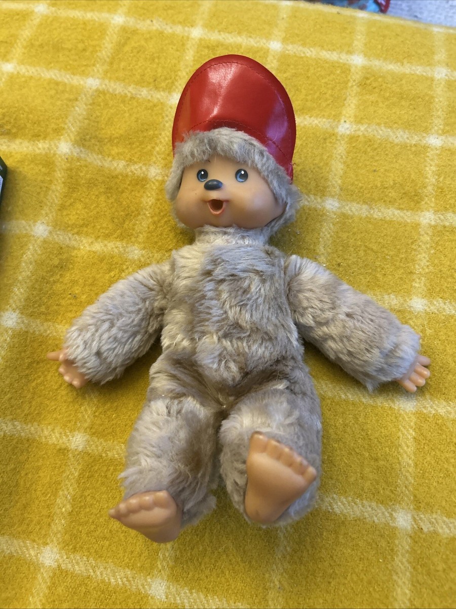 Vintage Monchichi large Grey monkey good condition 11” Red Cap