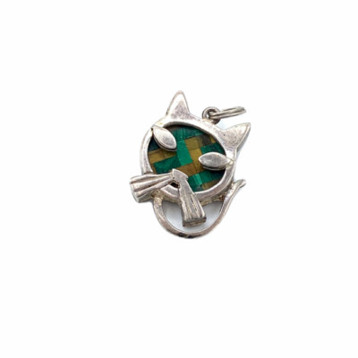 Sterling Silver 925 KOL Kitty Cat Pendant W/ Malachite And Tigers Eye Stone