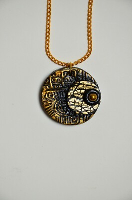 Handmade art jewelry, asymmetric pattern black-&-gold polymer clay