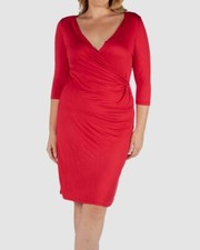 24seven Comfort Apparel Womens Red V Neck 3/4 Sleeves Dress Plus Size 1X
