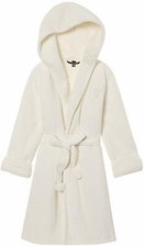 Victorias Secret Hooded Sherpa-Lined Plush Cozy Robe, Ivory, Medium/Large