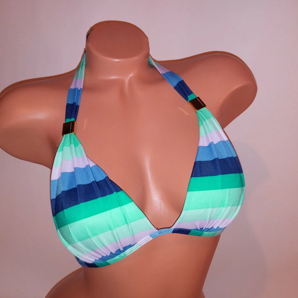 Top de bikini de natación Victoria Secret mediano halter azul a rayas forrado inalámbrico Foto 2 de 4