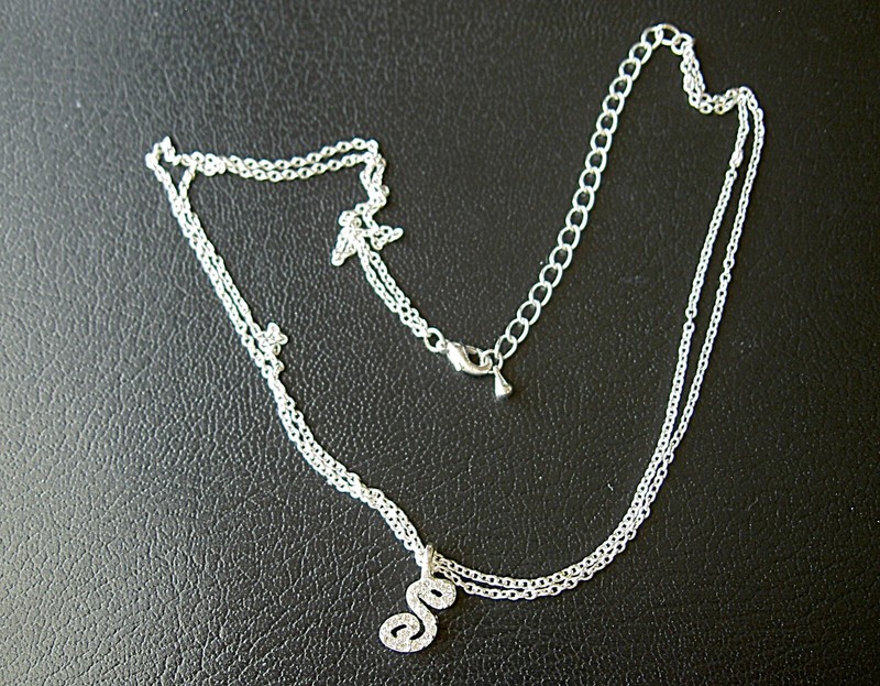 SMALL CRYSTAL INITIAL LETTER S PENDANT NECKLACE SILVER TONE DOUBLE CHAIN -14.5"+