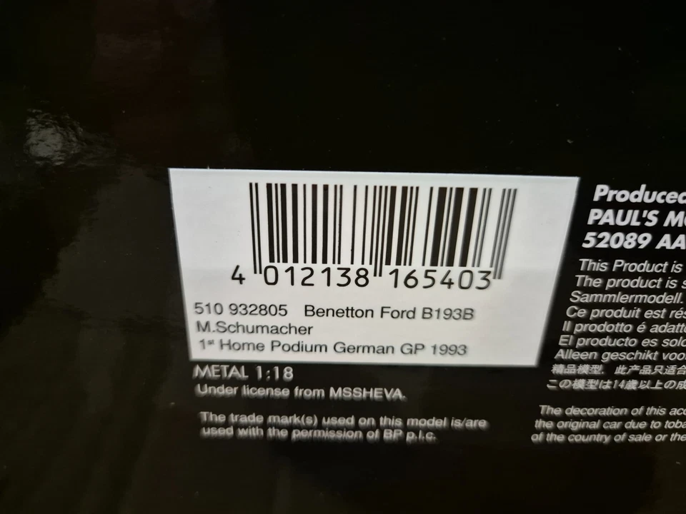 Minichamps 1.18 Benetton Ford B193B Schumacher 1993 German F1 GP 510932805 - Image 4 of 4