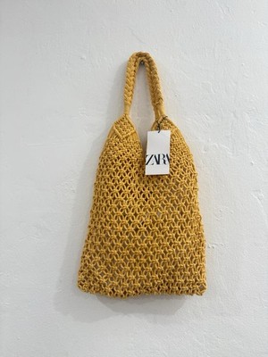 Zara Woman Yellow Tote Shoulder Bag Woven Macrame Knit Open Weave
