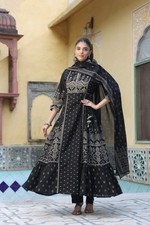Black Cotton Anarkali Kurta Set with Dupatta - Ethnic Printed A-Line Long Tunic
