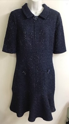 teri jon dress Navy and black tweed short sleeve jeweled pockets Collar new 6