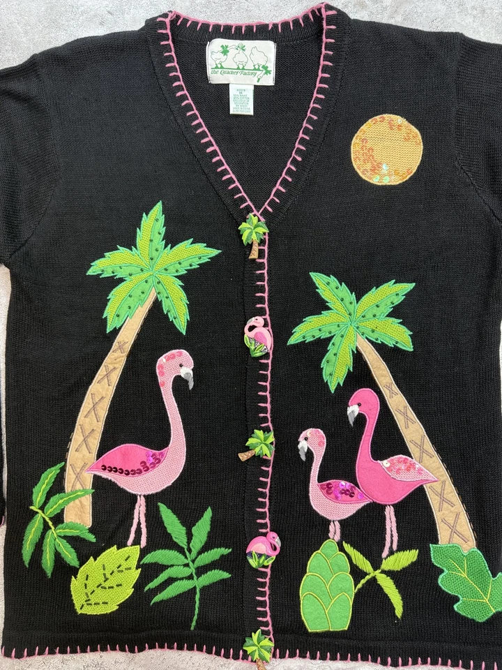 Quacker Factory Cardigan Sweater Womens Medium Black Flamingo Palm Tree Applique - Image 3 of 4