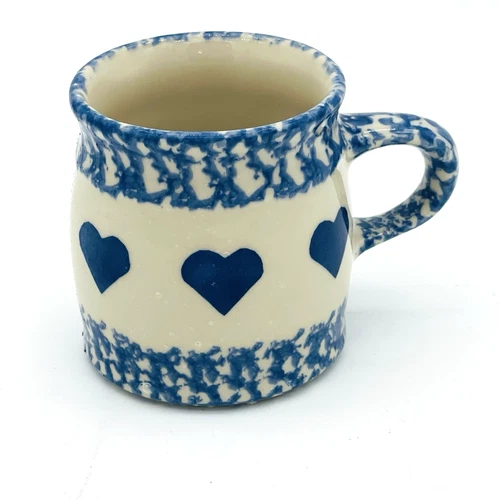 Gerald Henn Pottery Ohio Ceramic Blue Spongeware Cup Mug Heart New Old Stock