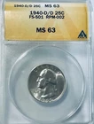 1940 D/D FS501 Washington Quarter ANACS MS63