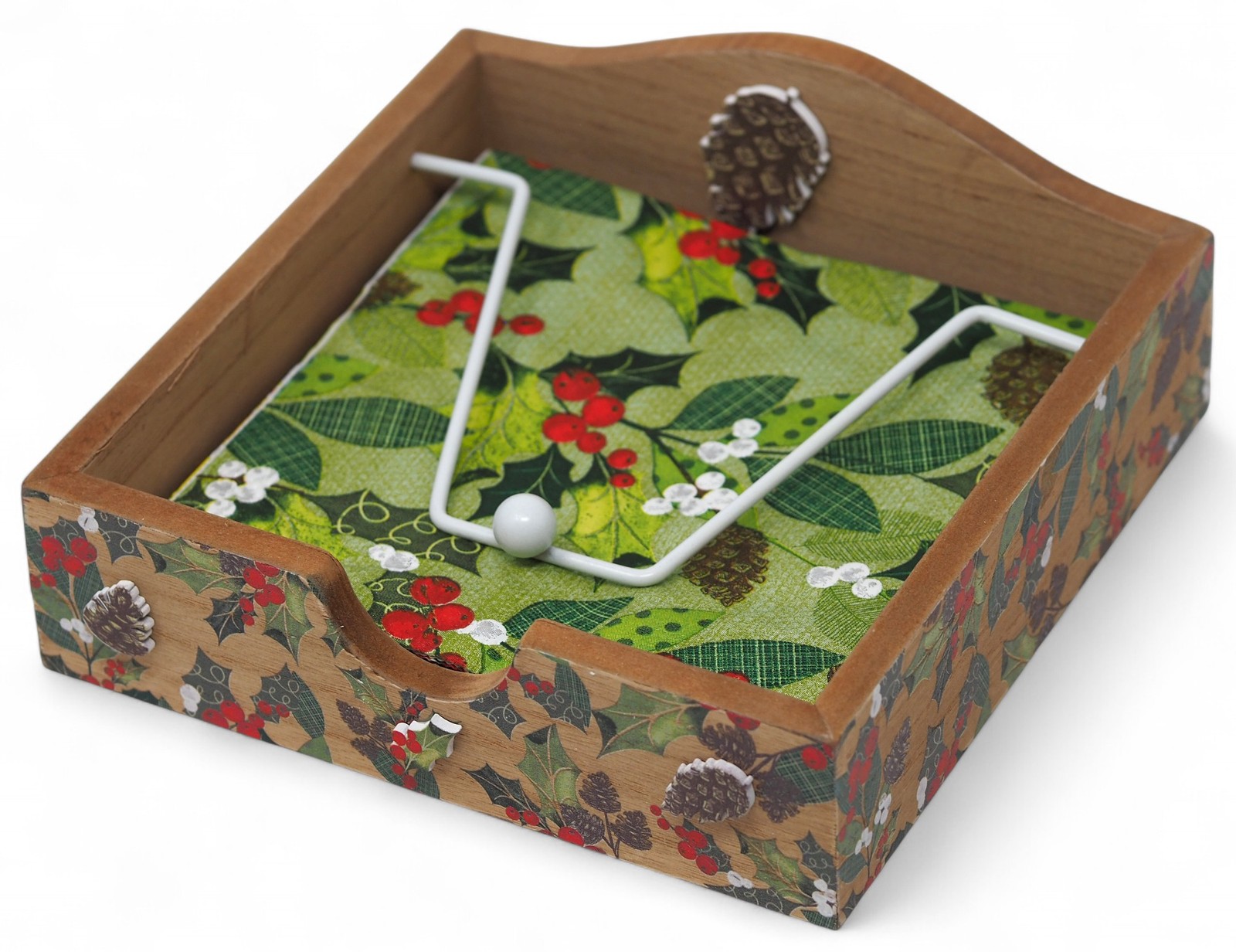 Christmas Wooden Napkin Holder with Festive Holly Design - Includes Napkins