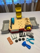 Vintage Fisher Price Fold Up Work Bench Tool Set w/tools, screws, wood, pliers+