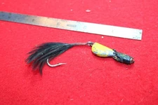 Vintage Jig fishing lure, yellow,silver & black,hair,#14