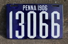 Original 1906 Pennsylvania License Plate Porcelain Enameled Ingram-Richardson