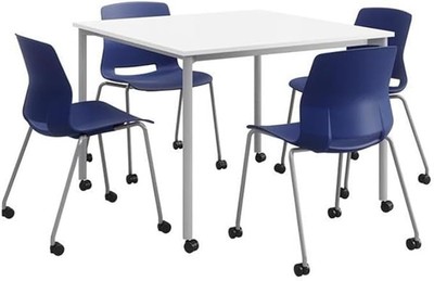 KFI Home or Office 42'' Square Mobile Kitchen Pantry Table w 4 Blue Stack Chairs