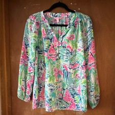 Lilly Pulitzer Silk Floral V-Neck Button Fron...