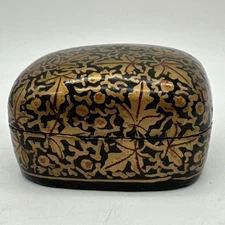 Kashmiri Paper Mache Vintage Decorated Black Lacquer Trinket Box Gold Maple Leaf