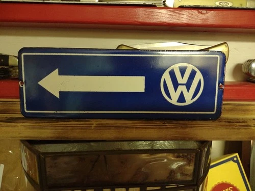 Vintage RARE Volkswagen Sign - VW Sales Automobile Gas Pump Porcelain Sign Arrow