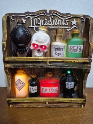 ANIMATED SKULL SPICE RACK INGREDIENTS POTION BOTTLES LIGHT UP PROP HAUNTED SOUND
