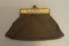 Germany Art Deco Vintage Gold Mesh Coin Purse Rhinestone Frame Expandable Bag 3"