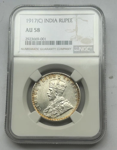 INDIA SILVER 1 RUPEE 1917 C AU 58 NGC