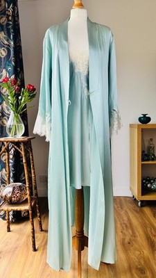 M&S Autograph Satin Peignoir Set UK 18 Duck Egg Blue Lace Short Nightdress Robe