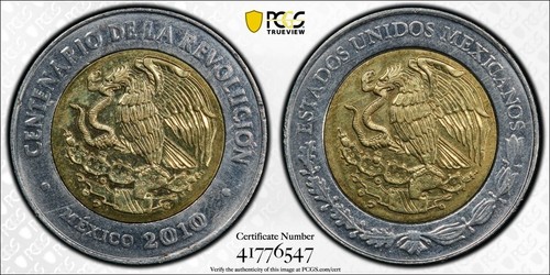 ER043 MEXICO. Mint Error -- Struck with Two Reverse Core Die -- 5 Peso, 2010 