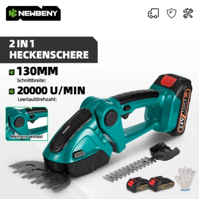 NEWBENY Akku Grasscheren Strauchschere Heckenschere Rasenschere Garten Schere 2xBatterie