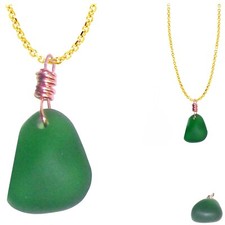 USA  Artisan cultured SEA GLASS dark green copper wire-wrapped pendant Necklace