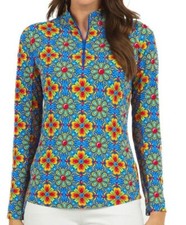 IBKUL Scarlet Mock Zipper Blue Multi Athleisure Long Sleeve Top 50 spf NWT