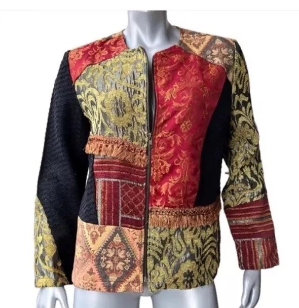 ALLURE Patchwork Jacket Full Zip Fringe Collarles… - image 5